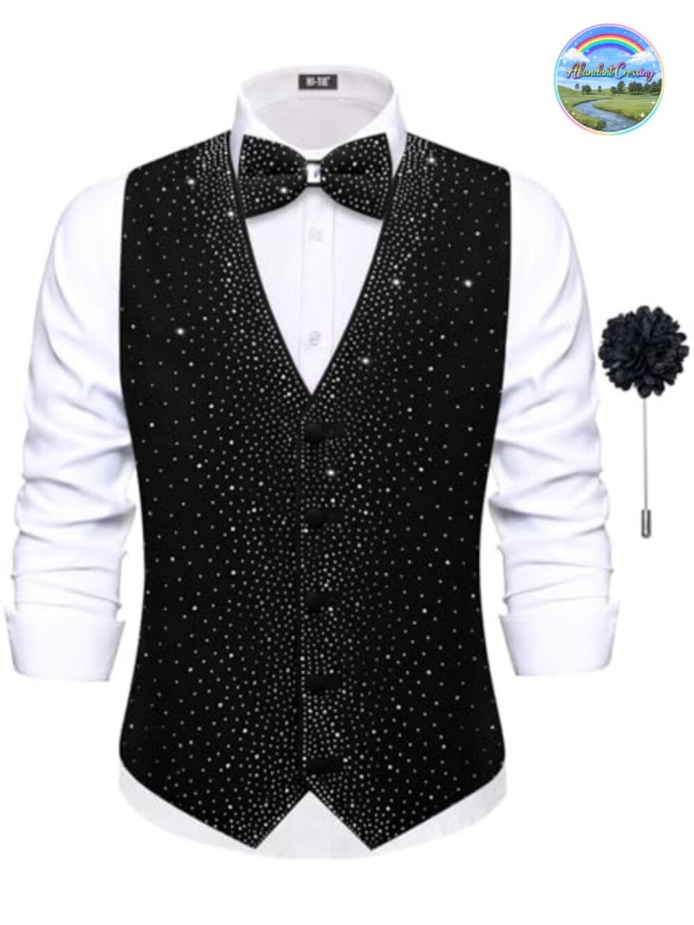 Velvet Vest Set with Sparkly Bowtie Lapel Pin Formal Tuxedo Party